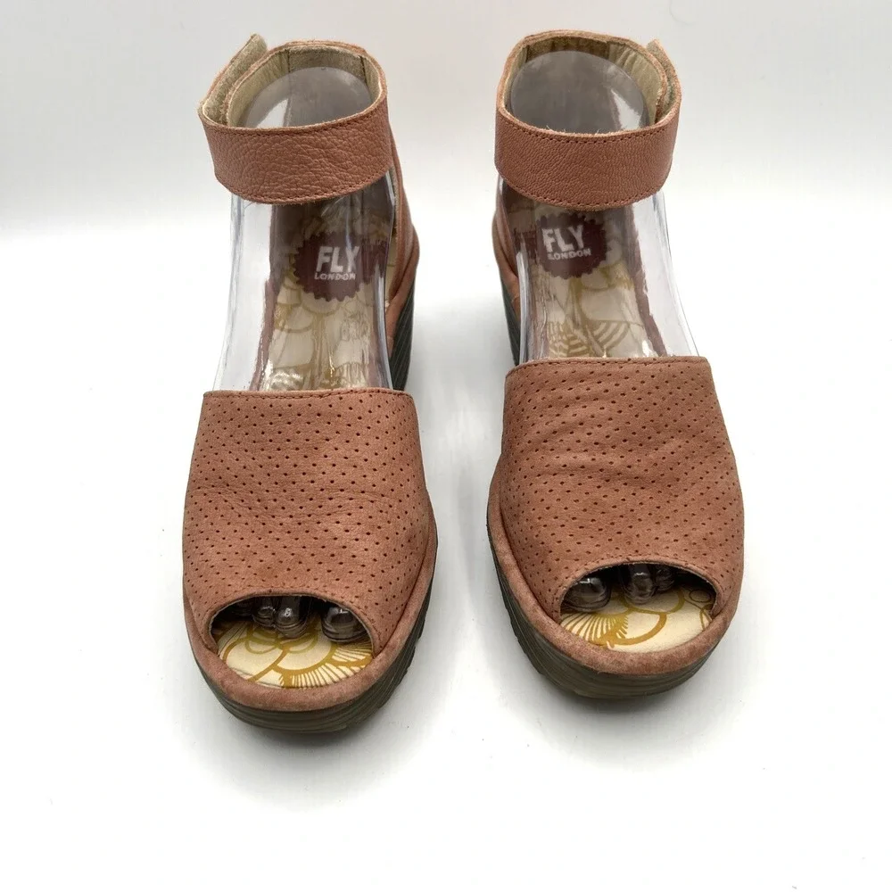 Fly London Wedge Sandals Womens 38 Pink Leather Perforated Ankle Strap Peep Toe